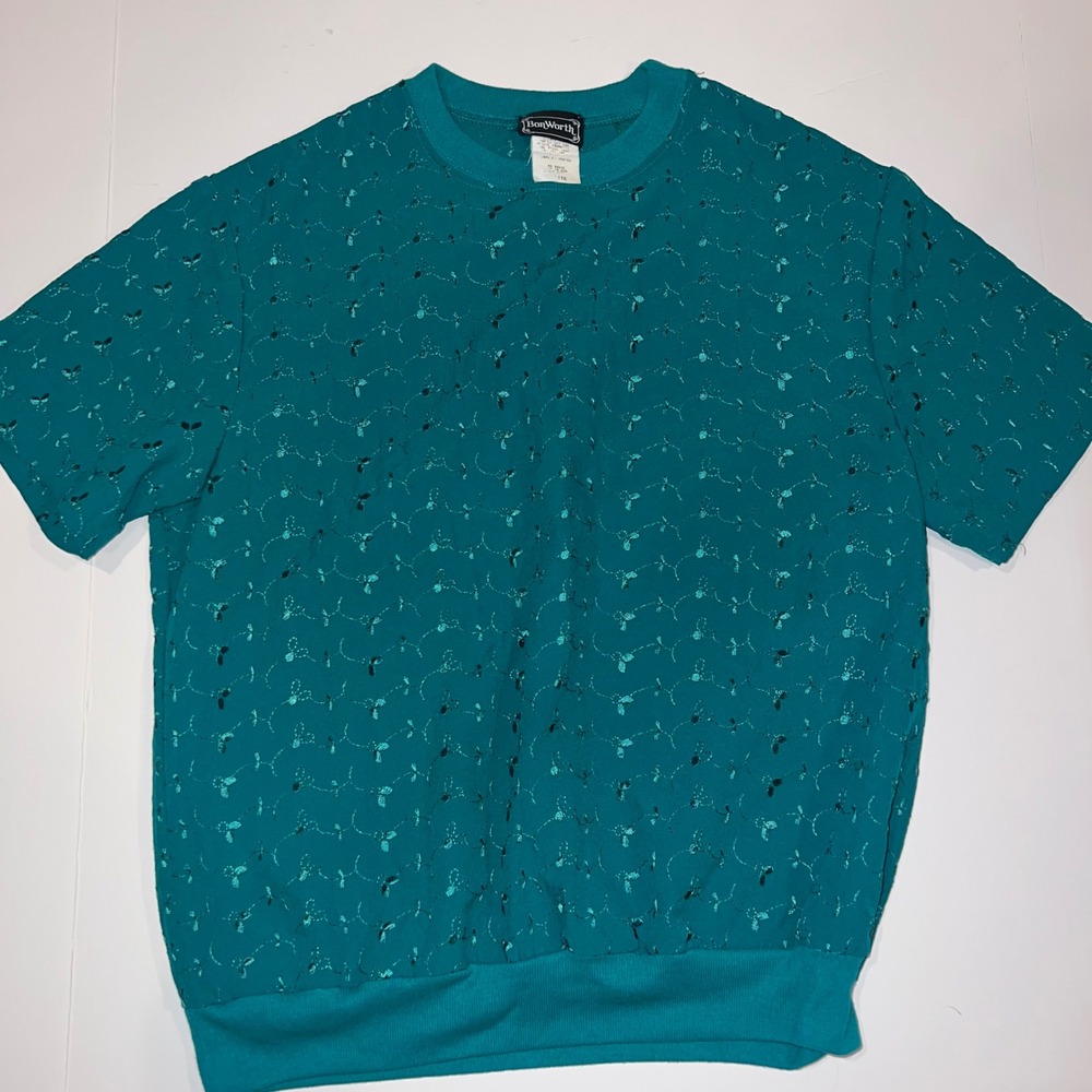 Bonworth Embroidered Short Sleeve Top Womens Petite Teal Green Vintage Vtg
